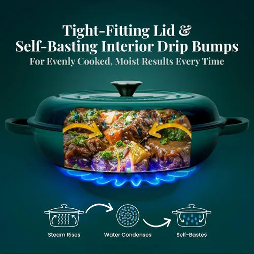 Miniatura 7 de Larder & Vine Brasera de Hierro Fundido Esmaltado Brasera de 3.6 qt con Tapa Horno Holandés Poco Profundo Compatible con Todas las Cocinas