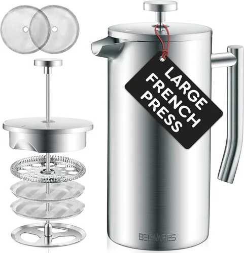 Belwares Cafetera French Press de 50 onzas, prensa de café aislada de acero inoxidable 304, diseño resistente al calor de doble pared con sistema de