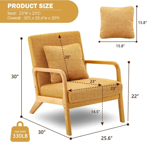 Miniatura 2 de ELUCHANG Silla decorativa moderna Mid-Century tapizada de tela de lino de primera calidad con patas de marco de madera, cómodas sillas de sala