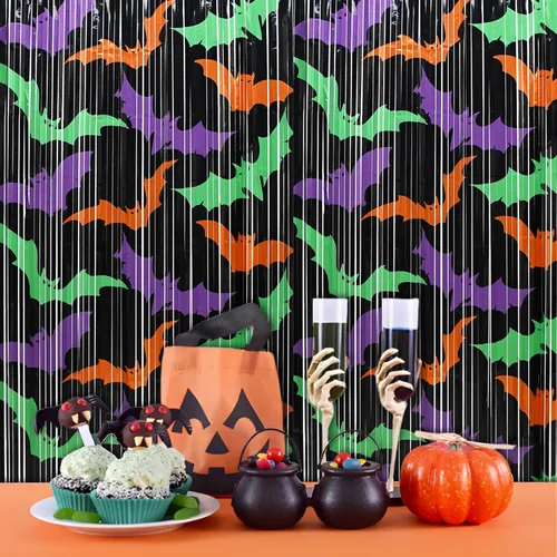 Miniatura 6 de Cortinas de flecos de aluminio negro para decoración de Halloween, paquete de 2 telón de fondo de oropel para accesorios de cabina de fotos