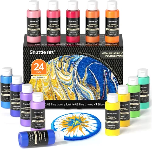 Juego de 24 pinturas acrílicas metálicas para verter, Shuttle Art 23 colores metálicos listos para verter con 1 aceite de silicona, 60ml/2oz cada