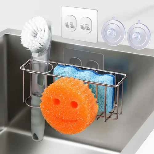 Miniatura 9 de Soporte de esponja 3 en 1 para fregadero de cocina, 2 opciones de suspensión (ventosas y gancho adhesivo), organizador de fregadero colgante