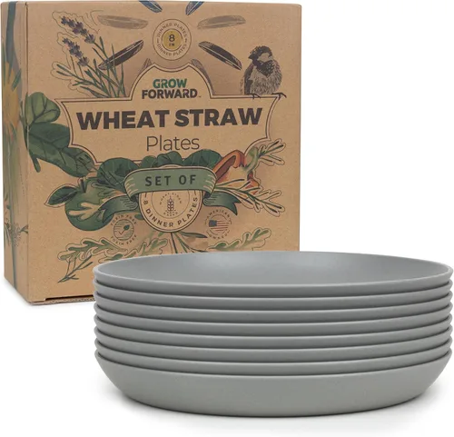 Grow Forward Platos de postre de paja de trigo prémium – Juego de 8 platos de plástico duro reutilizables de 8 pulgadas – Platos irrompibles aptos
