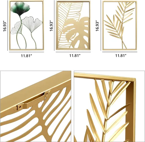 Miniatura 2 de SwallowLiving Decoración de Pared Dorada, 3 Piezas de Arte de Pared de Metal para Sala de Estar, Esculturas Modernas Lujosas Decoración del Hogar