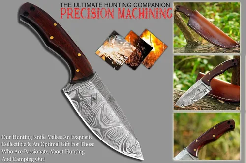Miniatura 4 de Cuchillo de Acero de Damasco con Funda de Cuero – Cuchillo de Hoja Fija de Espiga Completa de 7.5" con Mango de Madera de Palisandro de 4
