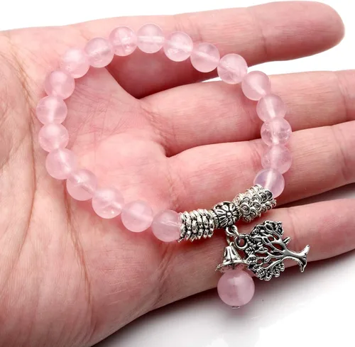Miniatura 5 de Top Plaza Pulsera elástica de cuarzo rosa con diseño de árbol de la vida piedra de la suerte reiki piedras preciosas de cristal curativo colgante