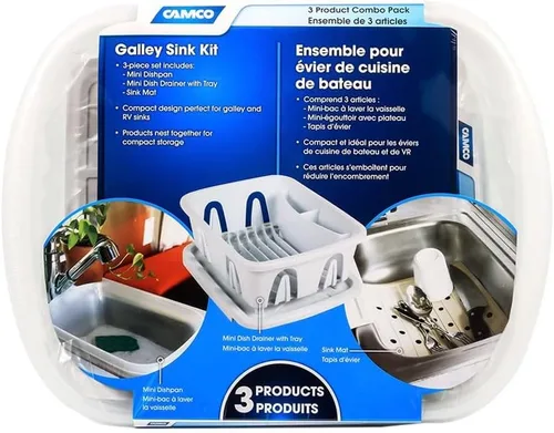 Miniatura 5 de Camco 43517 Kit de fregadero blanco con escurridor de platos, bandeja y alfombrilla para fregadero, paquete de 1