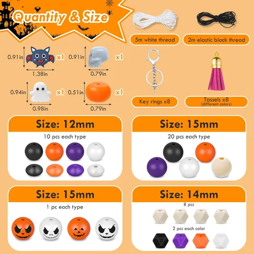 Miniatura 3 de 221 cuentas de silicona de Halloween para hacer llaveros, cuentas focales de silicona a granel con cuentas sueltas de 0.591 in y 0.551 in, cuentas