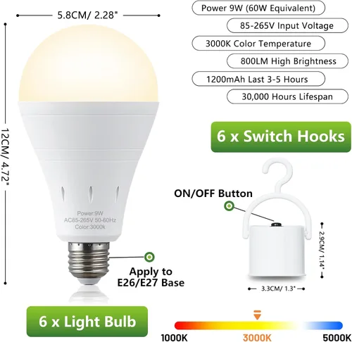 Miniatura 9 de DEBAOBULB Paquete de 10 bombillas de emergencia recargables, bombilla LED alimentada por batería, 3000 K, cálida E26, 120 voltios, 9 W, 60 W, Blanco