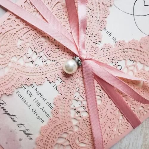 Miniatura 7 de 50 tarjetas de invitaciones de boda de encaje rosa con cintas y sobres para boda, despedida de soltera, compromiso, invitaciones de cumpleaños