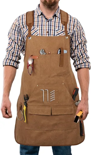 Miniatura 10 de Delantal de herramientas multifuncional para hombre, delantal de lona con múltiples bolsillos, soldadura, delantal de trabajo de carpintería, Gris