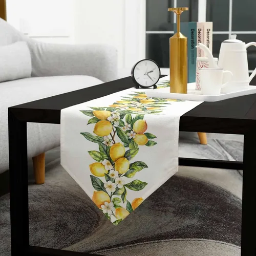 Miniatura 5 de Caminos de mesa triangulares de algodón y lino pequeños de 36 pulgadas, limones de verano, remolinos florales blancos, bufandas de tocador