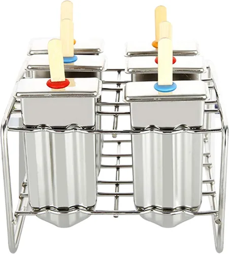 Miniatura 5 de Juego de 6 moldes de acero inoxidable para paletas de hielo, soporte para palitos de paletas de hielo con tapa, molde de helado con cepillo