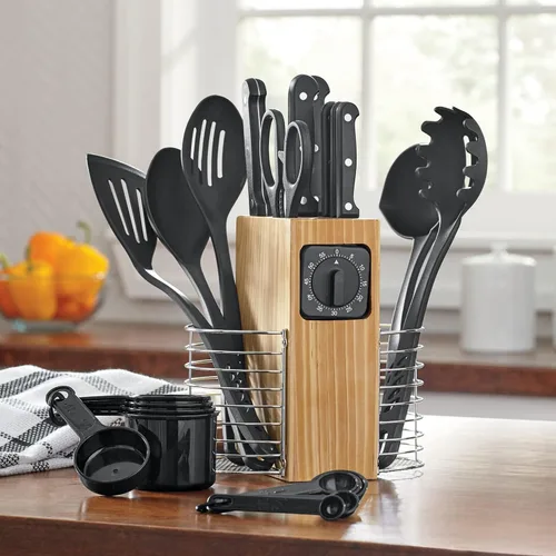 Montgomery Ward Juego de 25 piezas de cubertería y utensilios, negro - Kit de preparación de cocina esencial para apartamento con cuchillos de mango