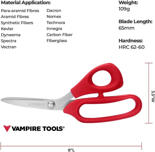 Miniatura 3 de VAMPLIERS Tijeras de Kevlar de fibra óptica de 8 pulgadas, tijeras de acero al carbono de grado industrial - Cortes Kevlar, Dyneema, Spectra
