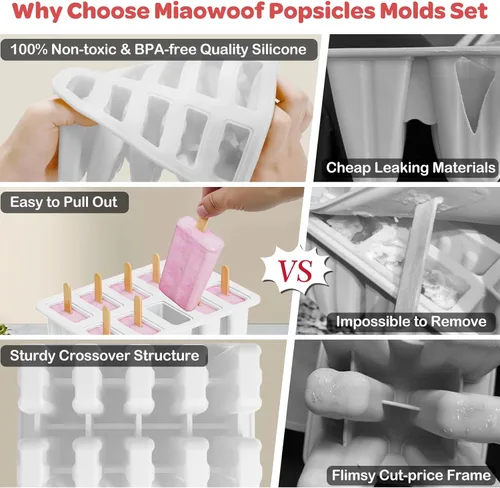 Miniatura 3 de Miaowoof Moldes caseros para paletas de hielo, fabricante de paletas de hielo de silicona sin BPA de 10 cavidades, con 50 palitos, 50 bolsas, 10