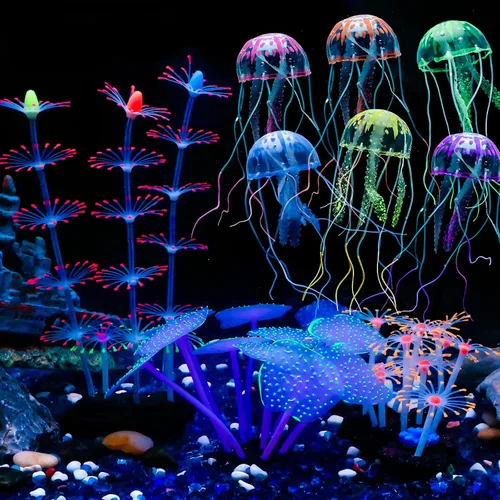 Uniclife Paquete de 4 decoraciones para pecera, efecto brillante, decoración de acuario, pequeña medusa artificial de silicona, adorno de planta de