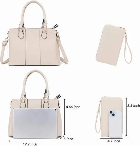 Miniatura 3 de Juego de bolsos y billeteras para mujer, bolso cruzado con asa superior, bolso de mano, cartera de hombro de cuero sintético A7-2pcs/Set Beige