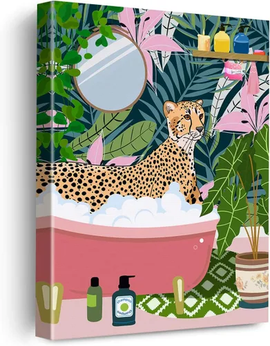 Póster de lienzo con diseño de leopardo en la bañera, arte de pared con estampado de leopardo botánico tropical, listo para colgar, para decoración
