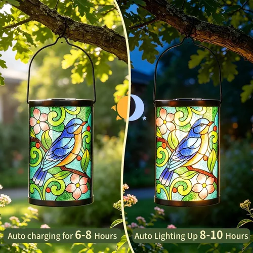 Miniatura 7 de Farol solar para exteriores, impermeable, colgante, luces solares de cristal de pájaro azul, faroles decorativos para exteriores, patio, césped