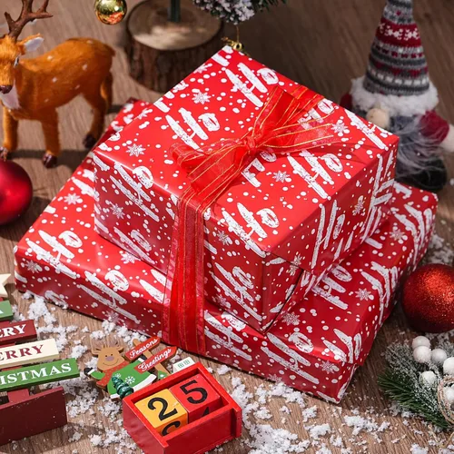 Miniatura 6 de ZINTBIAL Papel de regalo de Navidad para niños y adultos, papel de regalo de Navidad con cuadros rojos/negros, renos, gnomos, palabras "Ho Ho", 28 x
