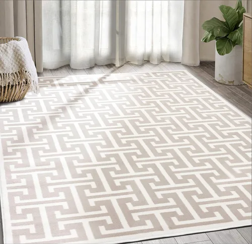 Abani Arto Collection - Alfombra contemporánea con diseño moderno de clave griega 3D, color beige y blanco, diseño geométrico meandro de 7 pies 9