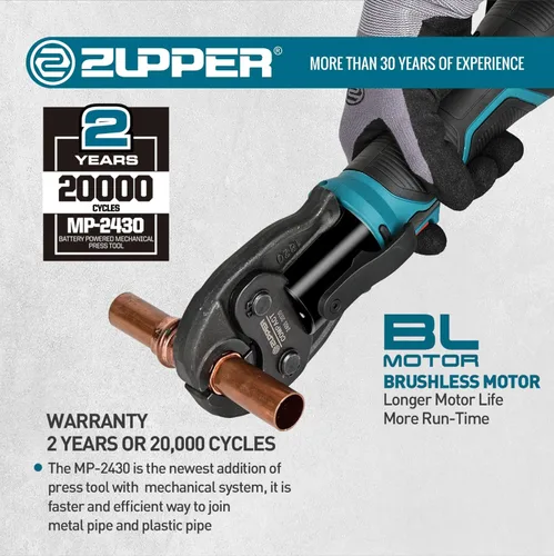 Miniatura 7 de Kit de herramienta de presión pro ZUPPER Mini Pro con 3 mordazas de presión pro de cobre de 1/2", 3/4", 1", motor sin escobillas, 2 piezas