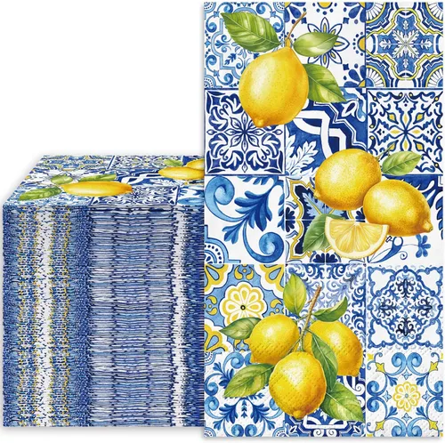 Miniatura 8 de JarThenaAMCS 80 servilletas de papel con azulejos y limones, servilletas desechables azules y amarillas, servilletas decorativas de cítricos