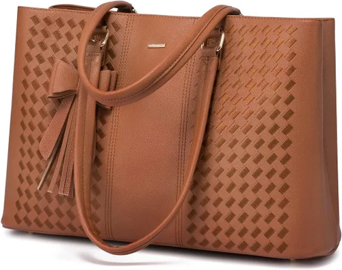 LOVEVOOK Bolsa de mano para computadora portátil para mujer, 15.6 pulgadas, impermeable, de piel sintética, bolsa de trabajo, maletín, color marrón