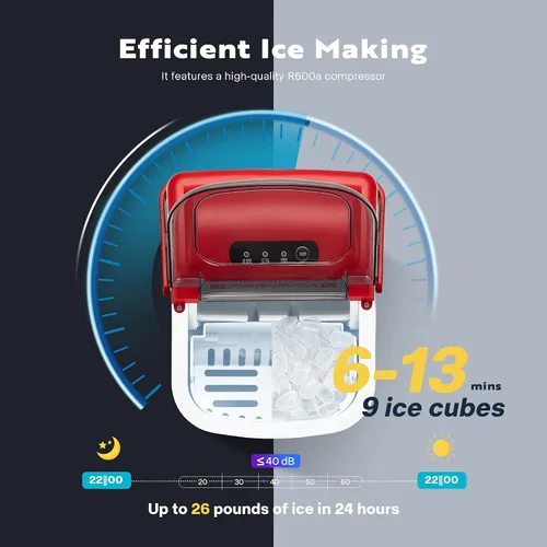Miniatura 3 de VIVOHOME Máquina de hielo para encimera con asa de 26 libras/día 9 cubos de hielo en 6 minutos, máquina portátil para hacer hielo 10 bolsas de hielo