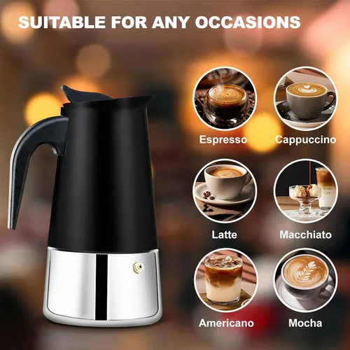 Miniatura 6 de Estufa de 2 tazas de acero inoxidable, cafetera italiana, capacidad para café moca, cocina clásica de inducción para el hogar y campamento, 3.3