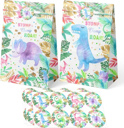 Miniatura 4 de Paquete de 24 bolsas de recuerdo de fiesta de dinosaurios para niñas con calcomanías, bolsas de regalo de dinosaurio de acuarela rosa