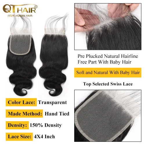 Miniatura 2 de QTHAIR Extensiones de cabello humano brasileño ondulado de grado 18A #613 con cierre de encaje HD 4x4