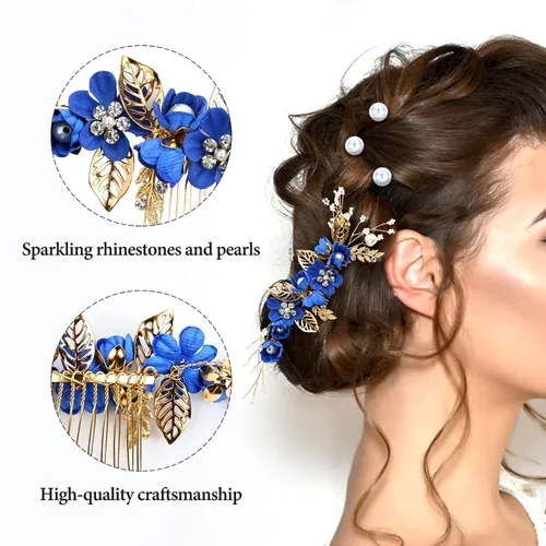 Miniatura 2 de inSowni Paquete de 20 Peines Laterales Clásicos Blancos Rosa Polvoriento Azul Flor Nupcial Boda + Horquillas de Pelo con Forma de U con Flores +