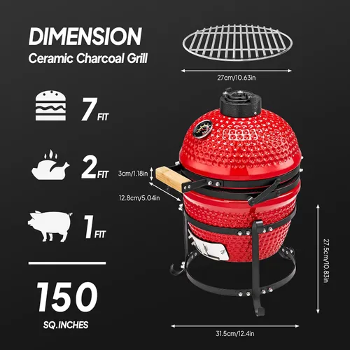 Miniatura 4 de ROVSUN Parrilla de Carbón de Cerámica Esférica Roja de 13 Pulgadas con Forro Interior, Ahumador BBQ Portátil para Cocinar al Aire Libre, Acampar