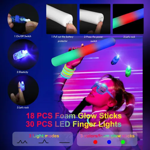 Miniatura 7 de OLUPP 282 piezas de suministros de fiesta que brillan en la oscuridad, 18 varillas de espuma, 18 lentes LED, 200 varillas brillantes, 30 luces