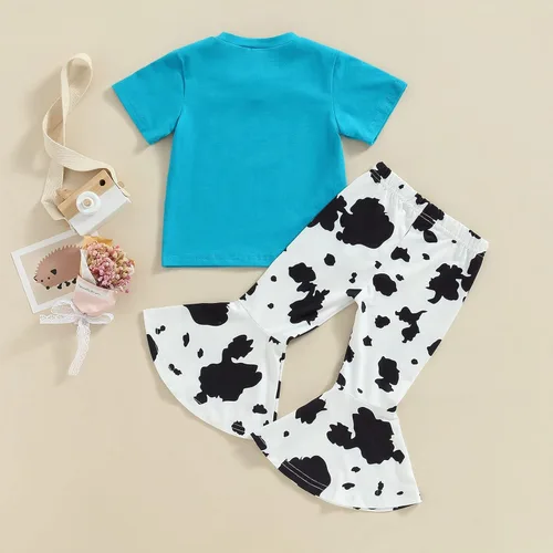 Miniatura 38 de fhutpw Conjunto de camiseta de manga corta con estampado de vaca y pantalones acampanados de dibujos animados para niñas