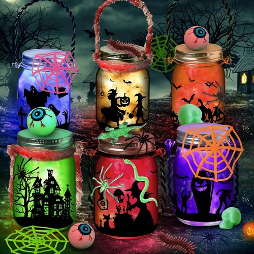 OCHIDO Actividades de manualidades de Halloween para niños, paquete de 6 tarros de cristal para actividades artísticas escolares, suministros de