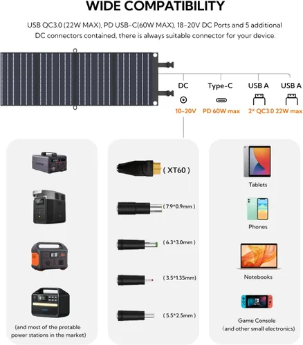 Miniatura 4 de LUMOPAL - Panel solar portátil, 60 W, paneles solares plegables, cargador solar plegable con PD60W USB C QC3.0 USB A salida impermeable