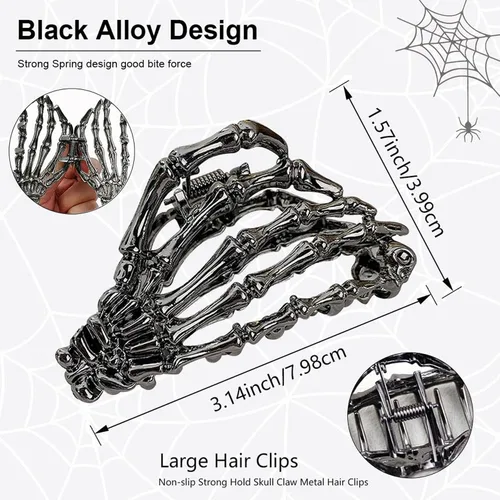 Miniatura 3 de Pinzas para el cabello de Halloween, pinzas de metal con diseño de calavera, pinzas de mano de aleación negra, pinzas de pelo medianas con diseño