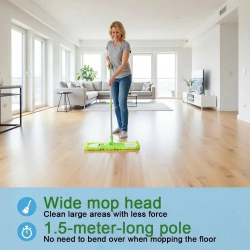 Miniatura 3 de Trapeador antipolvo para limpieza de suelos con 2 almohadillas de felpilla lavables y mango largo extensible, trapeador plano seco y húmedo con Verde