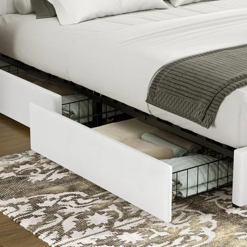 Miniatura 4 de VECELO Marco de Cama Tapizada Tamaño Full con 4 Cajones y Cabecero, Marco de Cama Plataforma de Almacenamiento de Terciopelo, Soporte de Listones