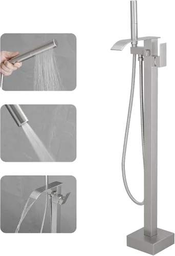 Miniatura 12 de RUMOSE Grifo Llenador de Bañera Independiente Grifo de Bañera Negro Mate Montaje en Piso Grifo de Bañera Cascada Independiente Llenador de Bañera