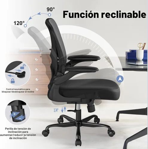 Miniatura 5 de ZZH Silla de oficina de malla con soporte lumbar ajustable y brazos abatibles, silla de escritorio ergonómica para oficina en casa con ruedas