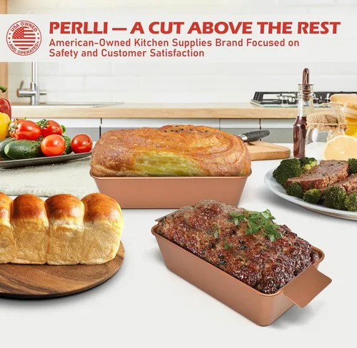 Miniatura 8 de PERLLI Molde para pan de carne con bandeja de goteo, 2 unidades, 9.8 x 5.7 pulgadas, sartén antiadherente de cobre para pastel de carne con bandeja