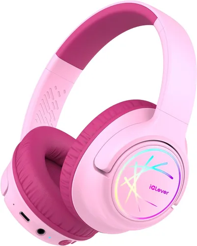 iClever - Audífonos Bluetooth para niños con luces LED, BTH18, volumen seguro 74/85dBA, 43 horas de reproducción, audífonos inalámbricos para niños