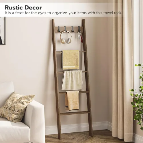 Miniatura 4 de HOOBRO Escalera para Mantas para Sala de Estar y Dormitorio, Estantería de Pared Inclinada de 5 Niveles para Toallas de Baño, Estantería