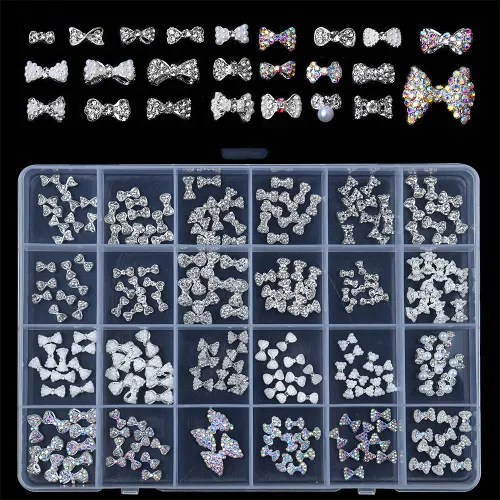 Miniatura 6 de 1 caja 3D lindo oso/pajaritas/mariposa resina decoración de uñas Aurora flores diseños holográficos adornos de uñas falda suministros de uñas