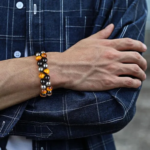 Miniatura 13 de MIDON - Pulsera de ojo de tigre, pulsera de triple protección para hombres y mujeres, hecha a mano, cuentas de ojo de tigre, hematita y obsidiana