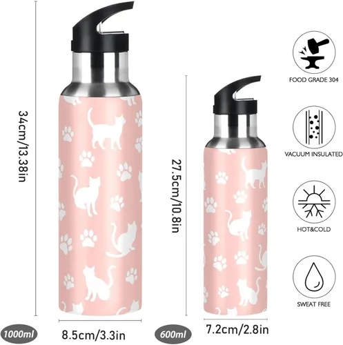 Miniatura 2 de BPA-Free Sport Water Bottle Insulated 32 Oz, Stainless Steel Vacuum Insulated Water Bottle for Gym Outdoor Travel School, Cat Paw Prints Pastel